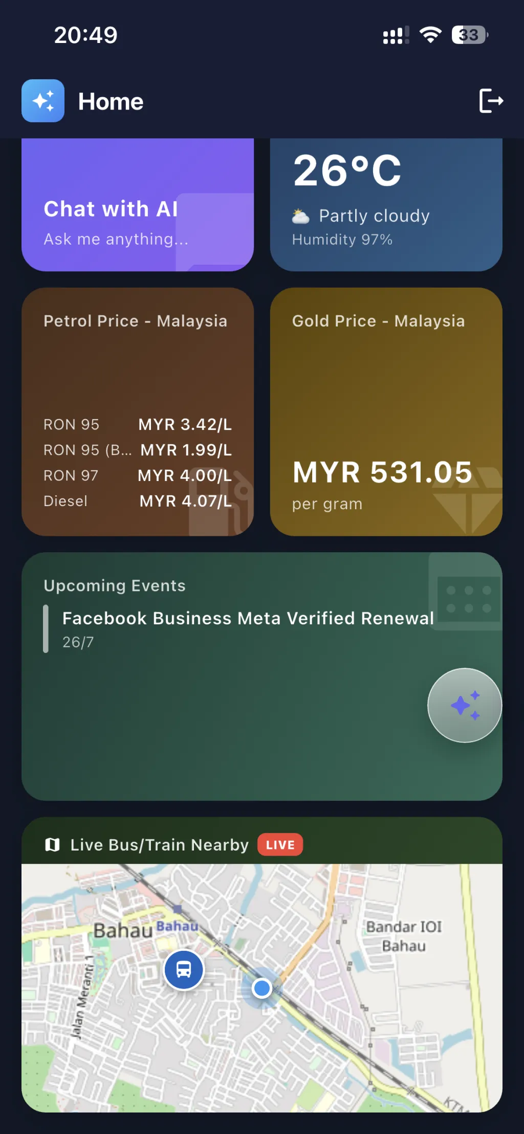 Syno AIdea Home tab showing petrol prices, gold prices, upcoming events and a live bus and train map