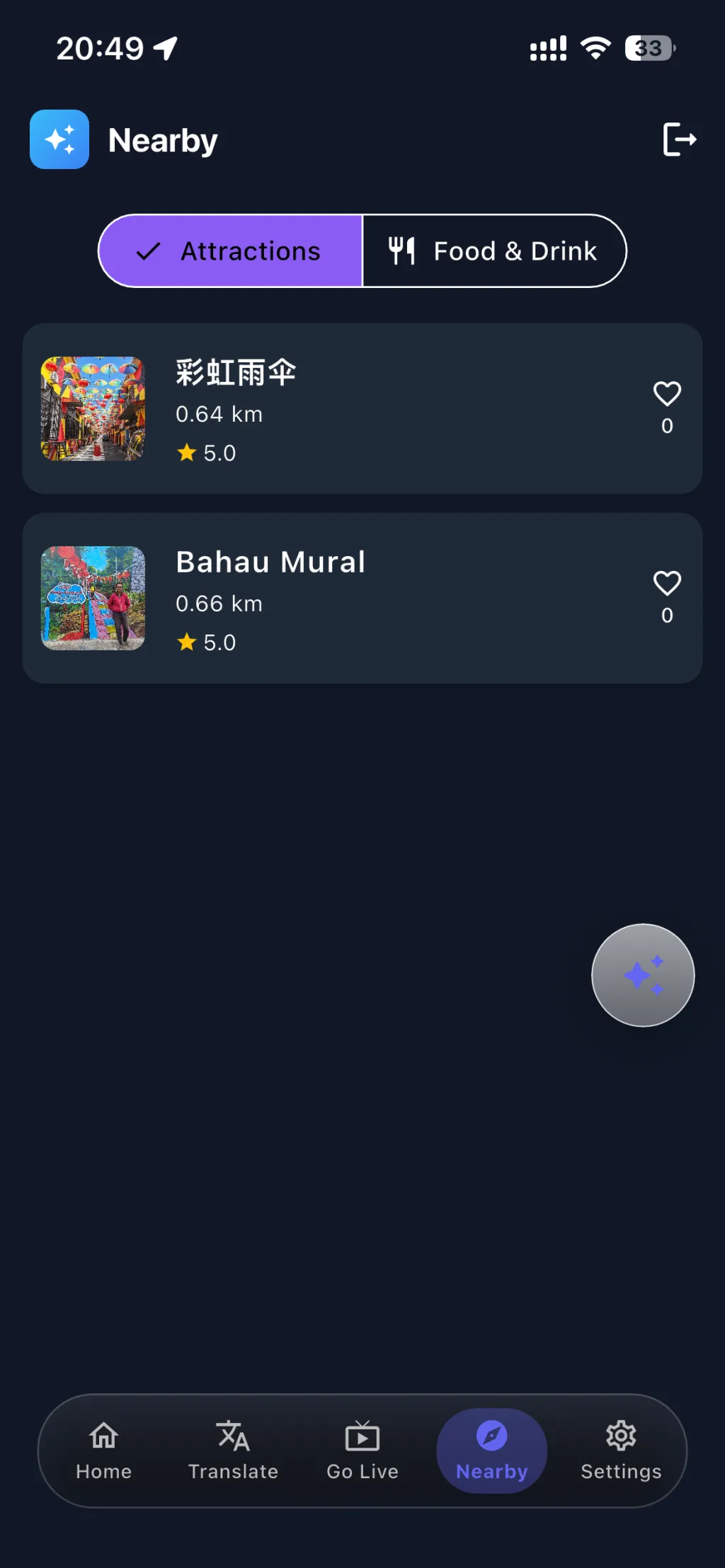 Nearby tab listing attractions with distance and rating